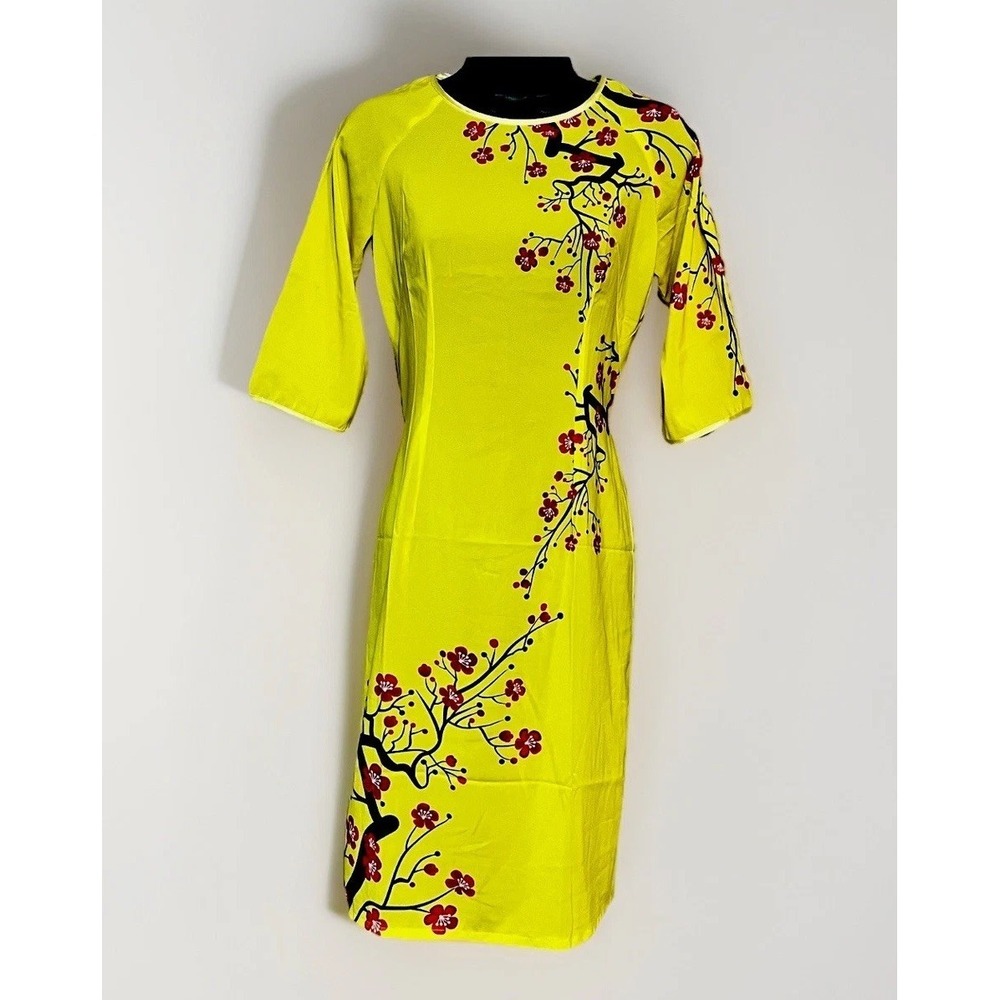Vietnamese Ao Dai Traditional 100% Silk Yellow Cherry Blossom Dress Sz L